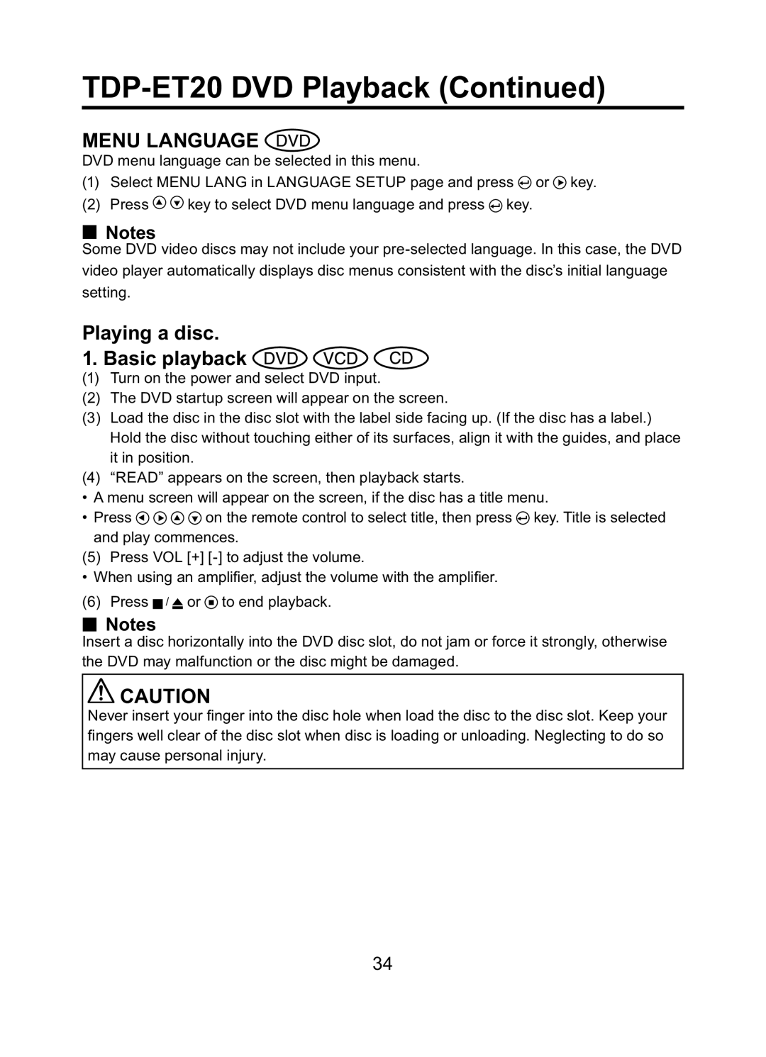 Toshiba TDP-ET10 owner manual Menu Language, Playing a disc Basic playback 