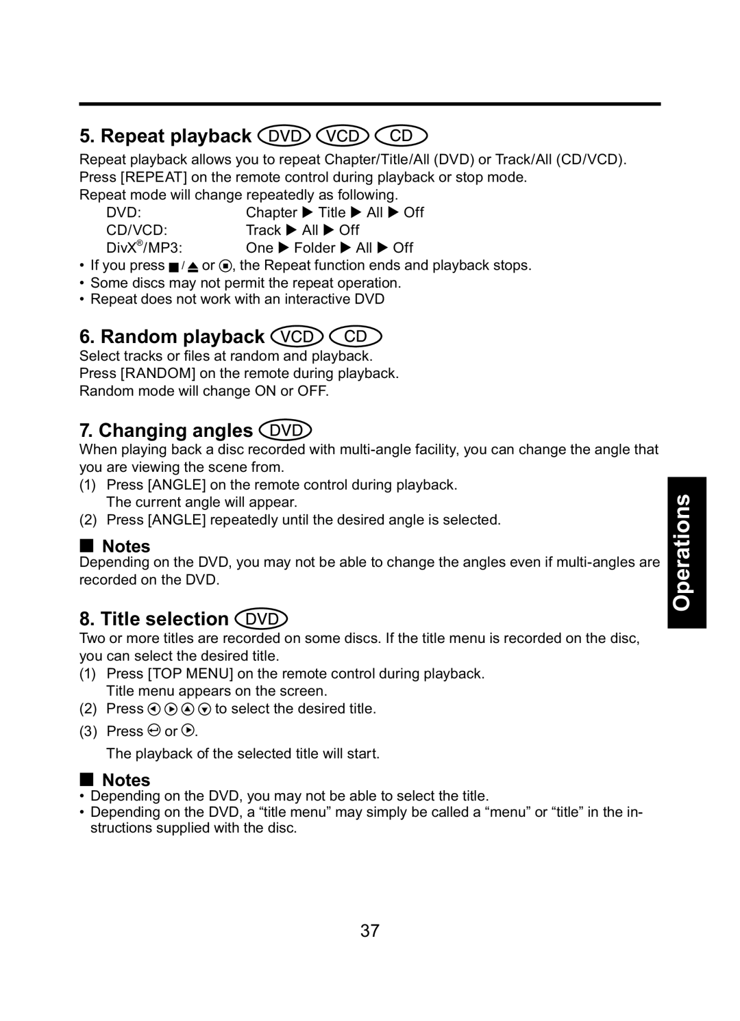 Toshiba TDP-ET10 owner manual Repeat playback, Random playback, Changing angles, Title selection 