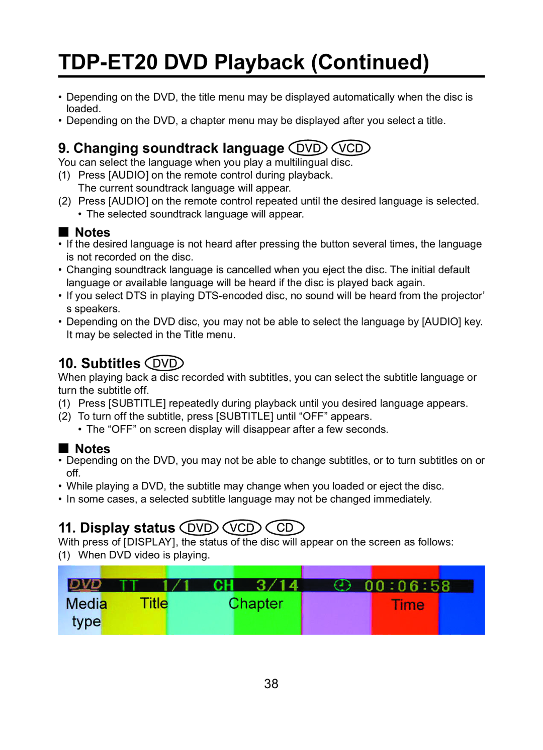 Toshiba TDP-ET10 owner manual Changing soundtrack language, Subtitles, Display status 