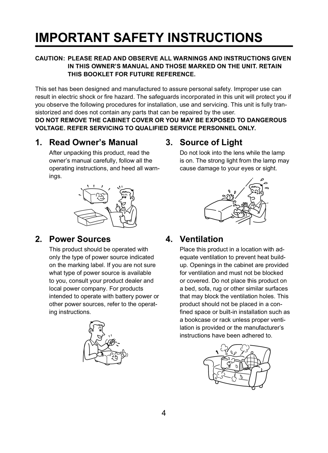 Toshiba TDP-ET10 owner manual Source of Light, Power Sources Ventilation 