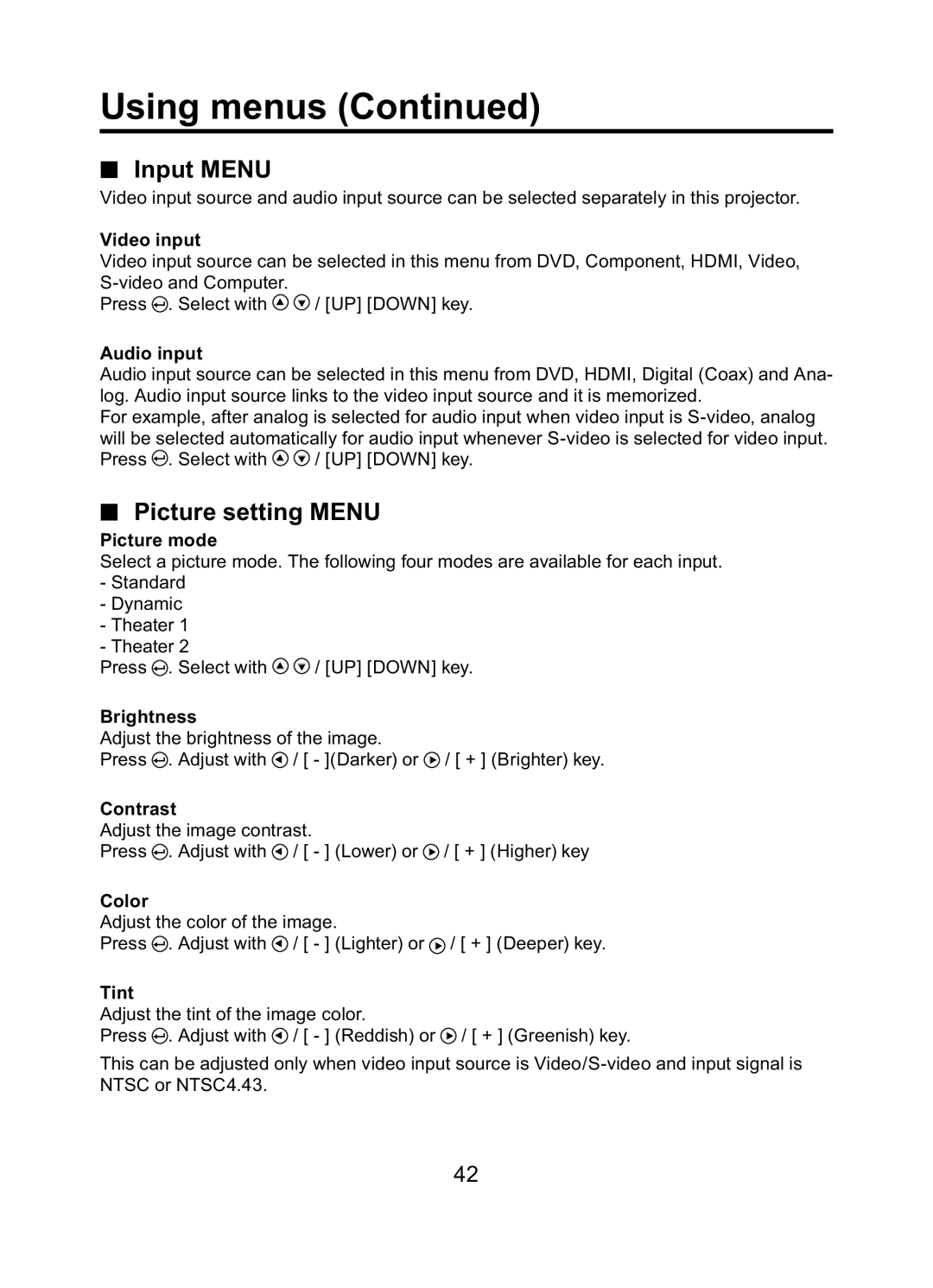 Toshiba TDP-ET10 owner manual Input Menu, Picture setting Menu 