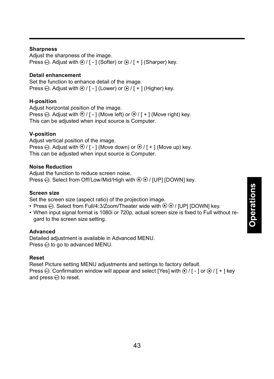 Toshiba TDP-ET10 owner manual Sharpness, Detail enhancement, Position, Noise Reduction, Screen size, Advanced, Reset 