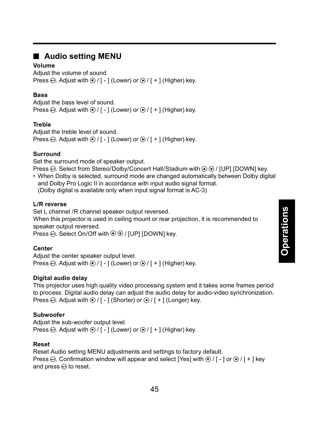 Toshiba TDP-ET10 owner manual Audio setting Menu 