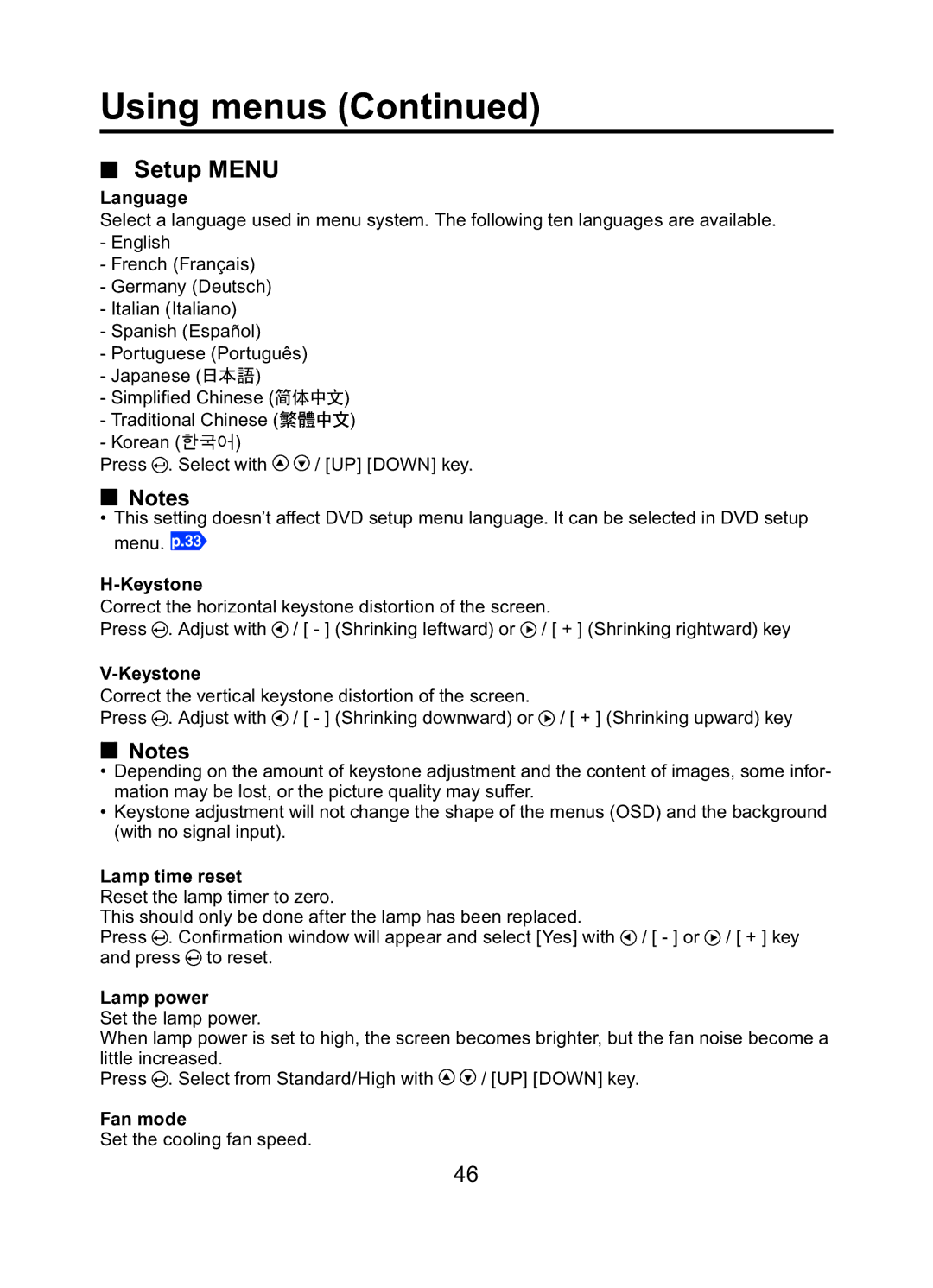 Toshiba TDP-ET10 owner manual Setup Menu 