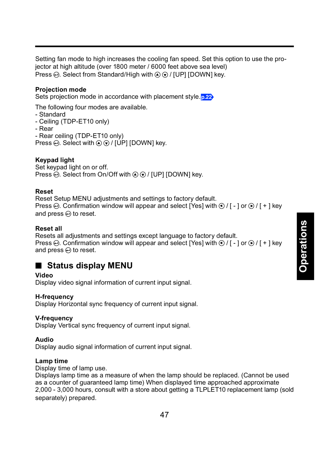 Toshiba TDP-ET10 owner manual Status display Menu 