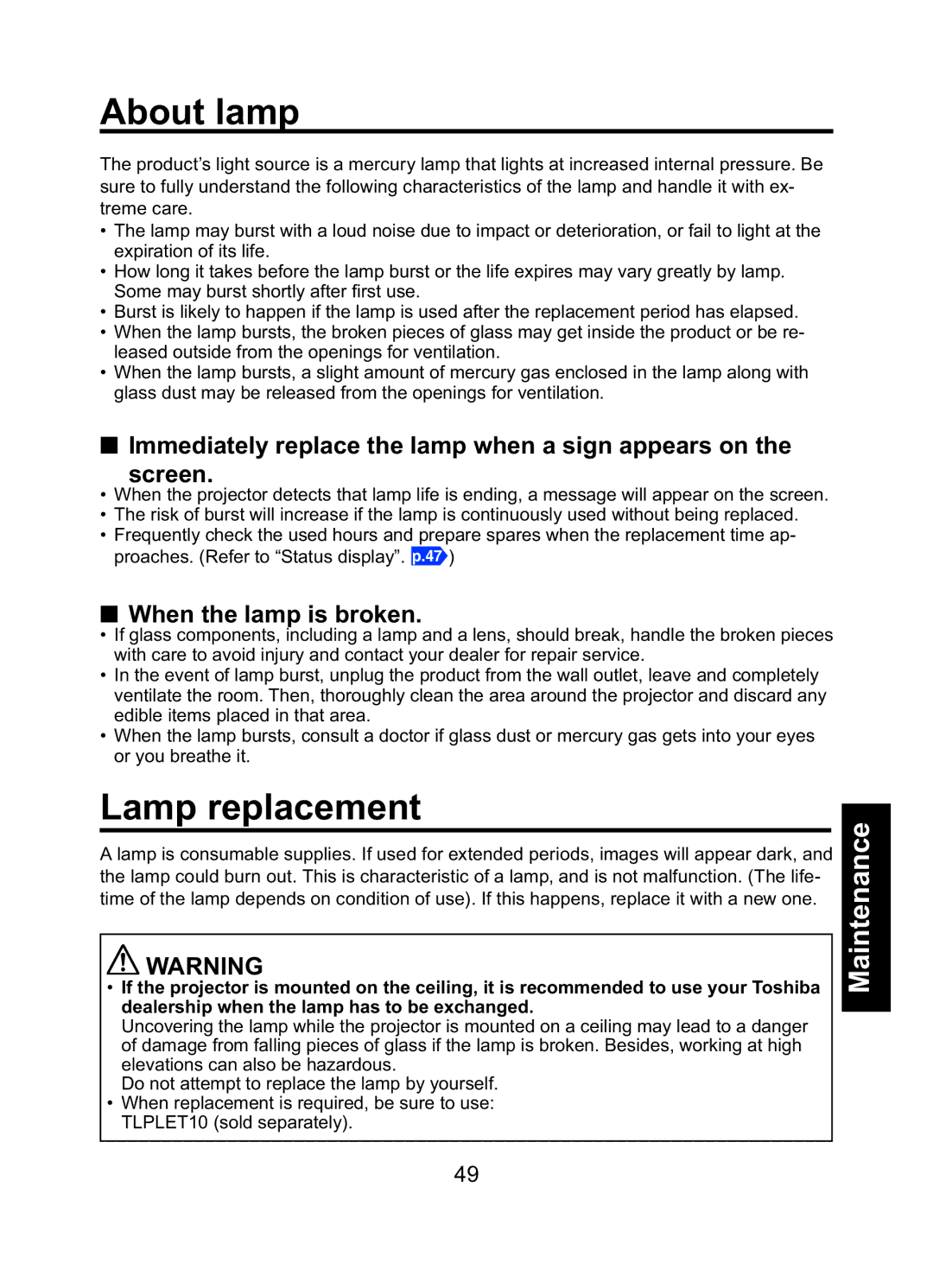 Toshiba TDP-ET10 owner manual About lamp, Lamp replacement, Immediately replace the lamp when a sign appears on Screen 