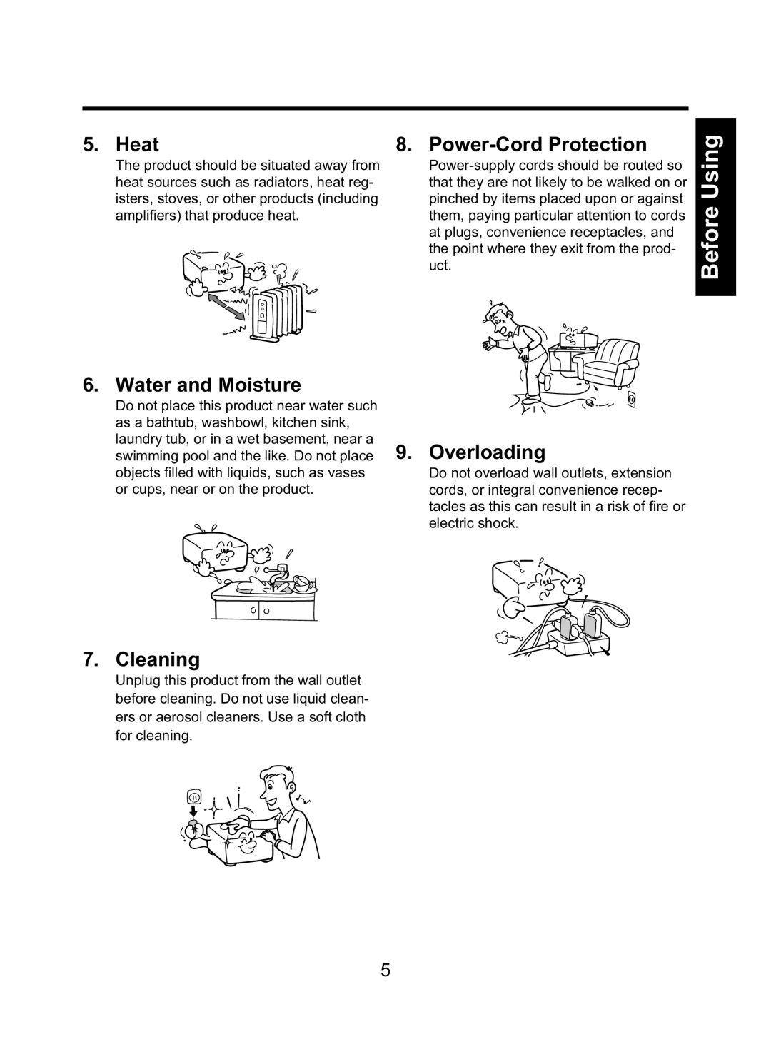 Toshiba TDP-ET10 owner manual Heat, Water and Moisture, Cleaning, Power-Cord Protection, Overloading 