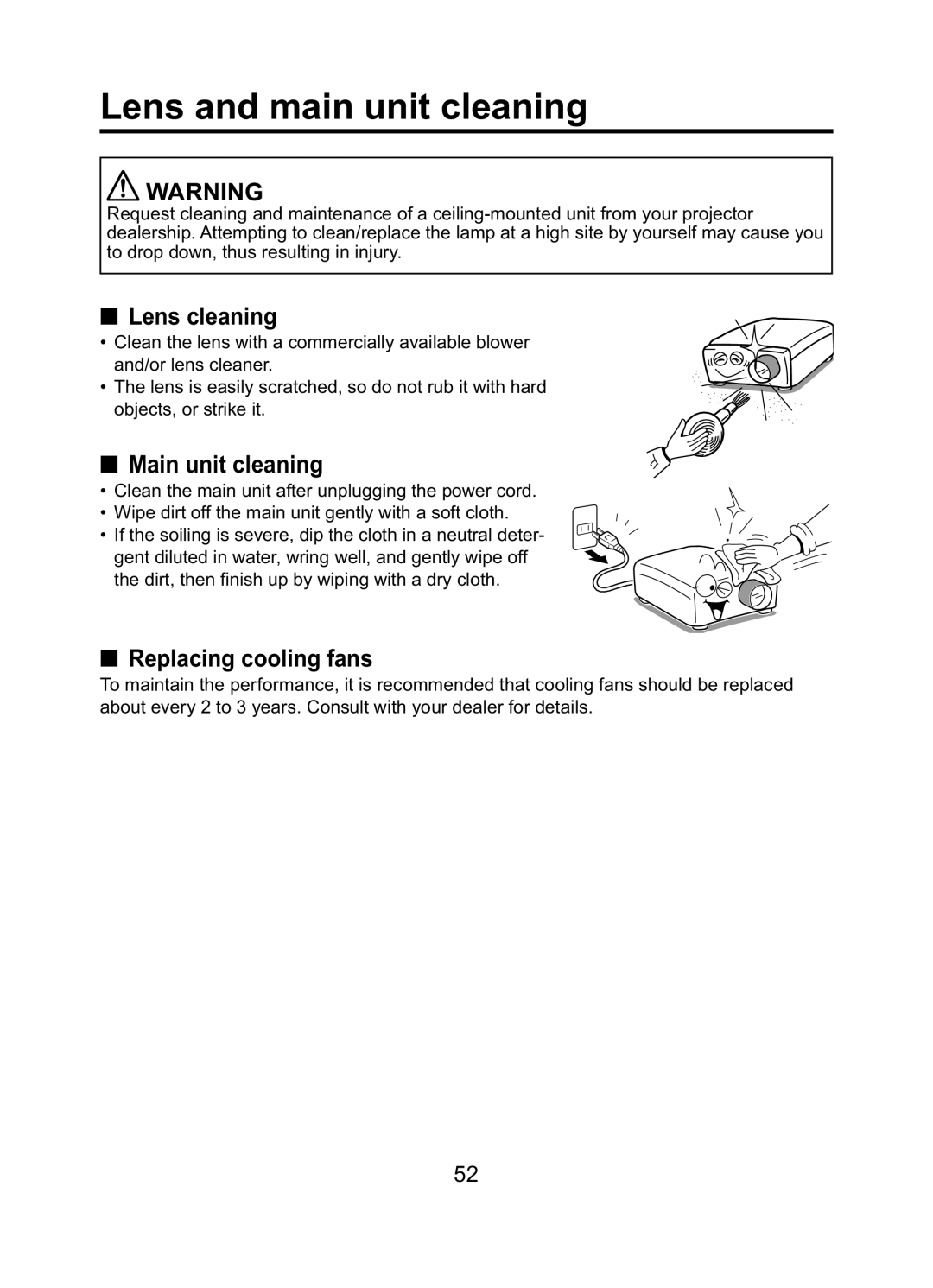 Toshiba TDP-ET10 owner manual Lens and main unit cleaning, Lens cleaning, Main unit cleaning, Replacing cooling fans 