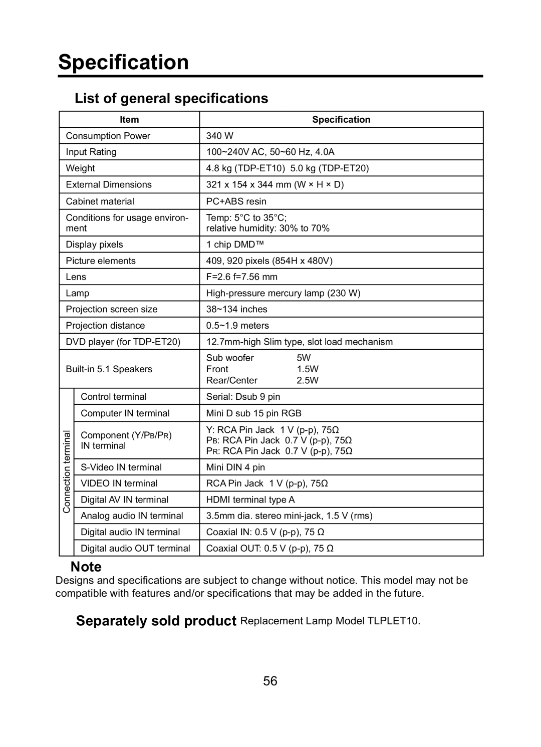 Toshiba TDP-ET10 owner manual Speciﬁcation, List of general speciﬁcations 