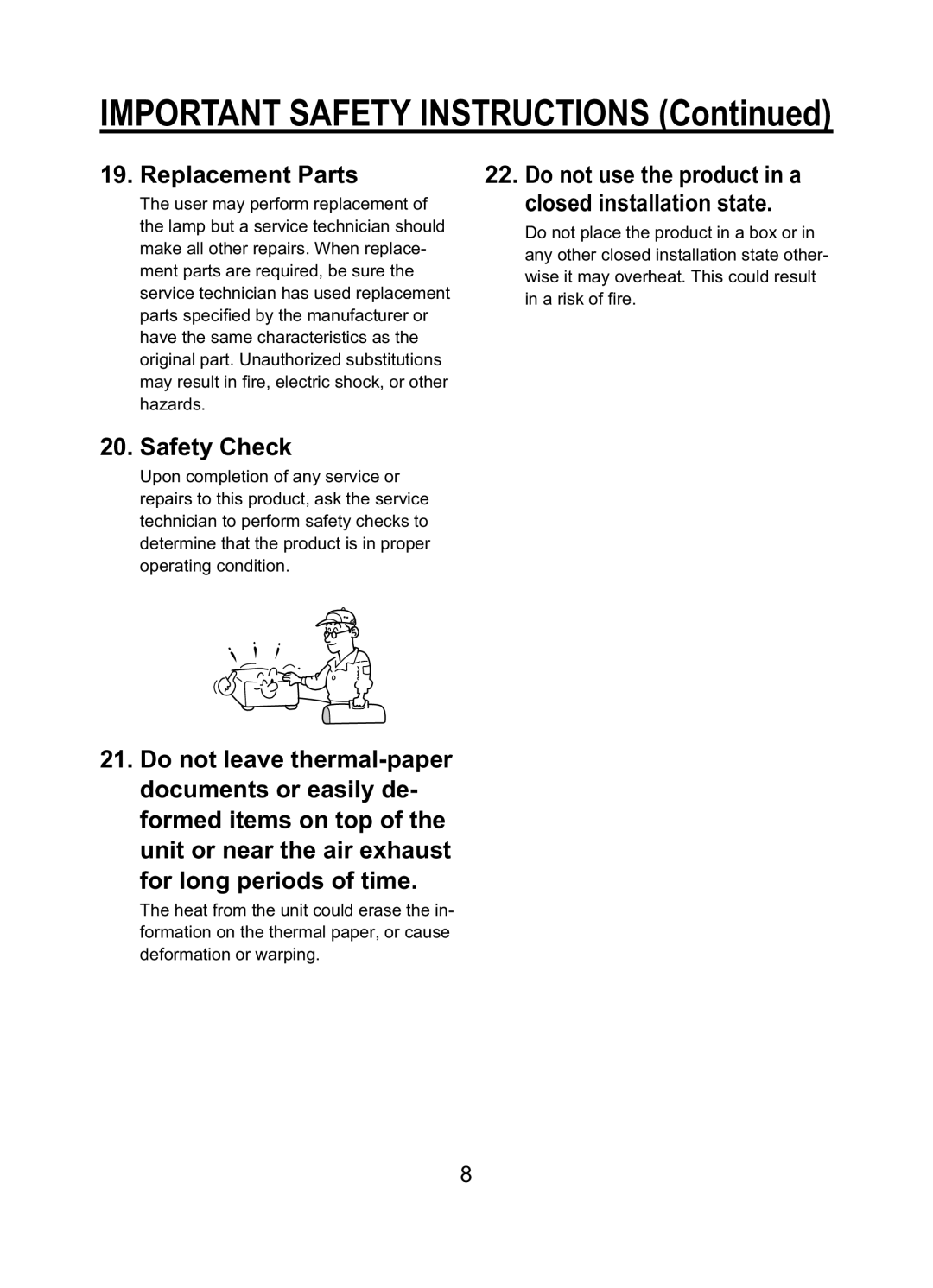 Toshiba TDP-ET10 owner manual Replacement Parts, Safety Check 