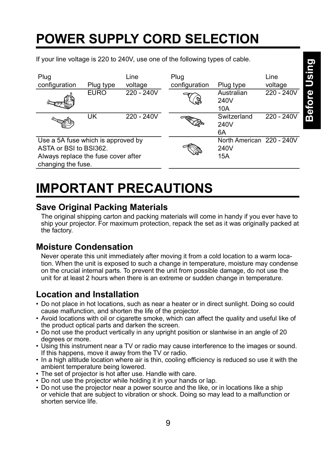 Toshiba TDP-ET10 owner manual Save Original Packing Materials, Moisture Condensation, Location and Installation 