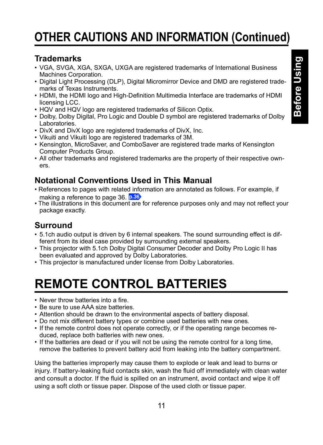 Toshiba TDP-ET10 Remote Control Batteries, OTHER CAUTIONS AND INFORMATION Continued, Trademarks, Surround, Before Using 