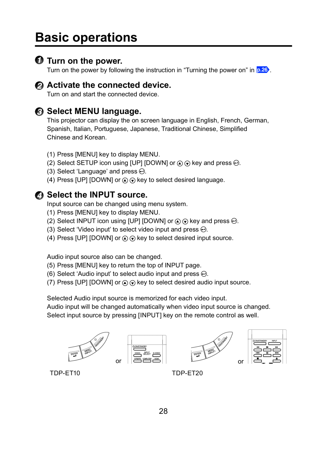 Toshiba TDP-ET10 owner manual Basic operations, Turn on the power, Activate the connected device, Select MENU language 