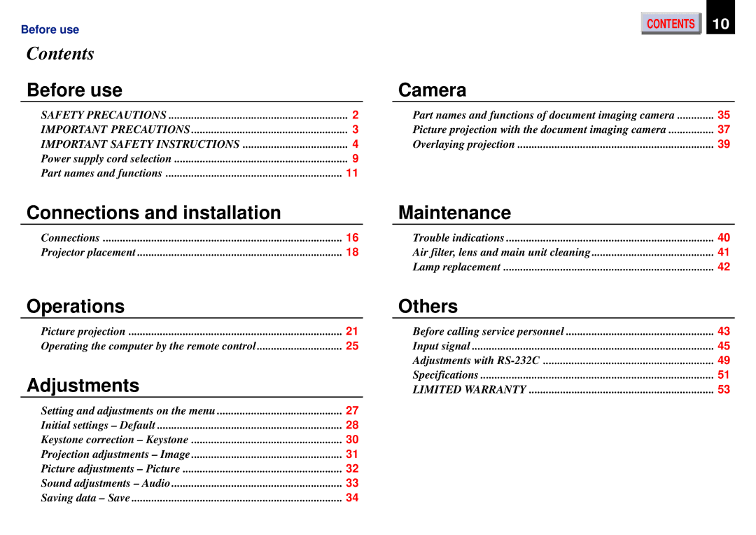 Toshiba TDP-ET20, TLP671U, TLP651U, TLP651A, TLP650A, TLP650U, TLP670U, TLP471U, TLP451U, TLP470U owner manual Contents, Before use 