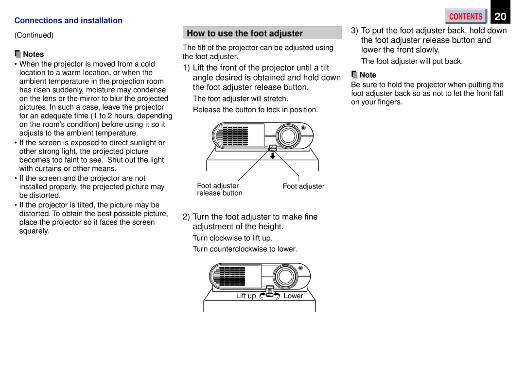 Toshiba TDP-ET20, TLP671U How to use the foot adjuster, Turn the foot adjuster to make fine adjustment of the height 