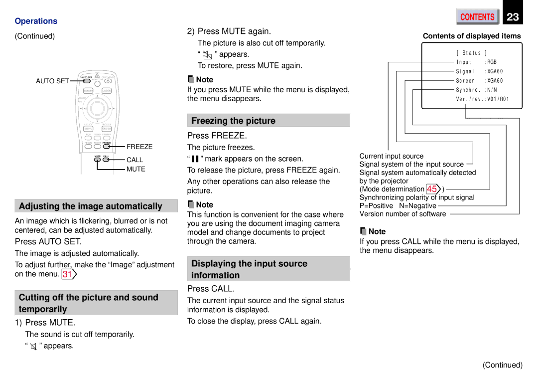 Toshiba TLP651A Adjusting the image automatically, Freezing the picture, Cutting off the picture and sound Temporarily 