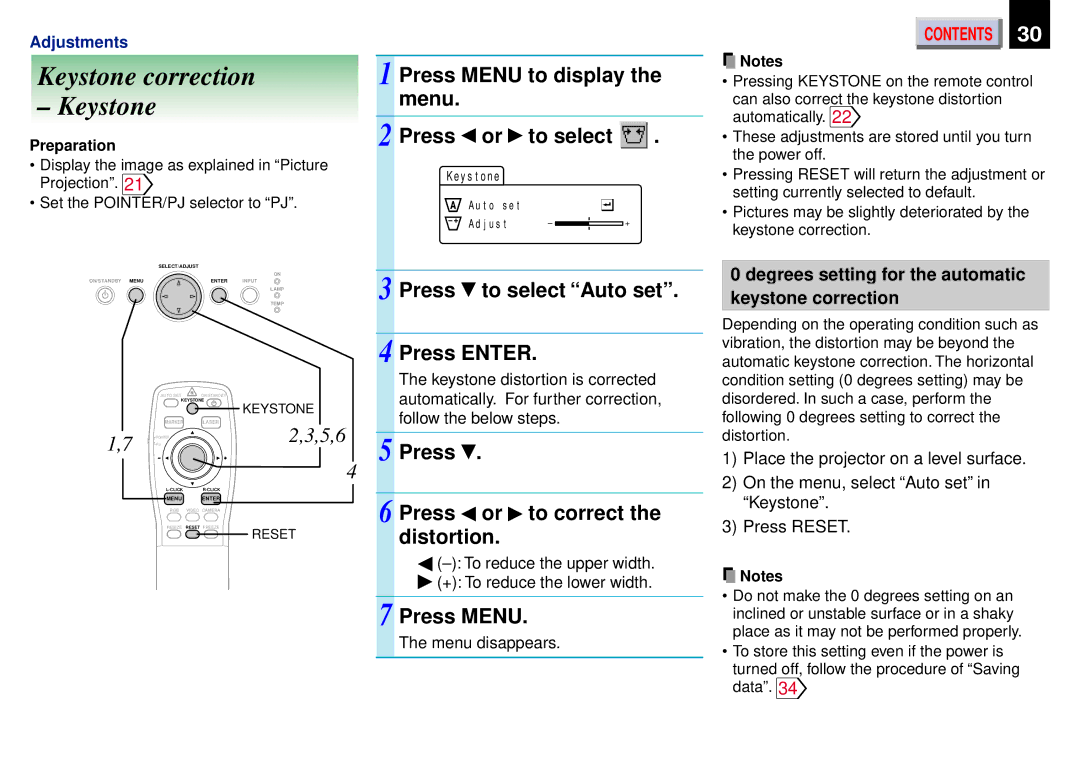 Toshiba TDP-ET20 Keystone correction, Press Menu to display the menu To select, Press to select Auto set, Press Enter 