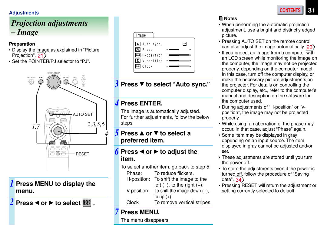 Toshiba TLP671U, TDP-ET20, TLP651U, TLP651A Projection adjustments Image, Press Menu to display, Menu Press or to select 