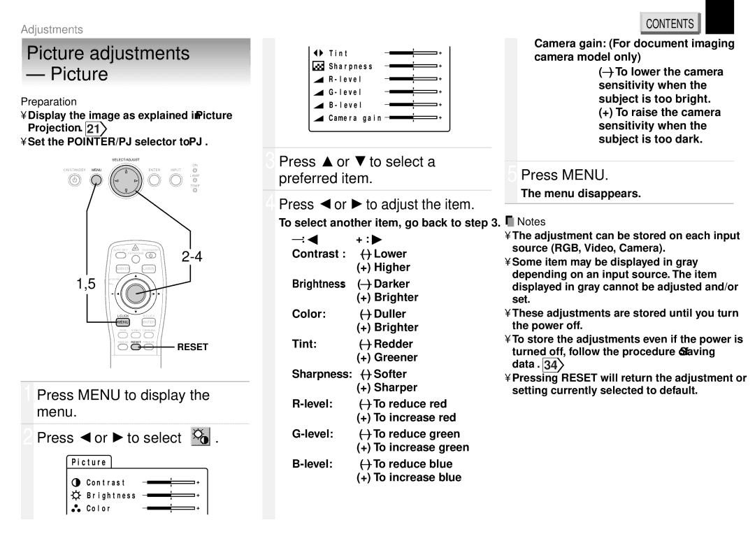 Toshiba TLP651U, TDP-ET20, TLP671U, TLP651A, TLP650A, TLP650U, TLP670U Picture adjustments, Press To select a Preferred item 