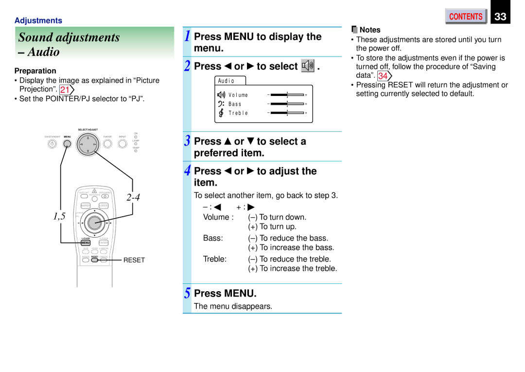 Toshiba TLP651A, TDP-ET20 Sound adjustments Audio, Menu Press To select, Press To select a Preferred item To adjust 