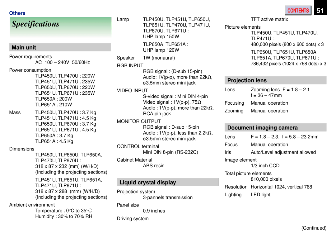 Toshiba TLP671U, TDP-ET20, TLP651U, TLP651A Specifications, Liquid crystal display, Projection lens, Document imaging camera 