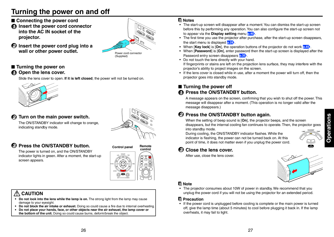 Toshiba TDP-EX20 owner manual Turning the power on and off 