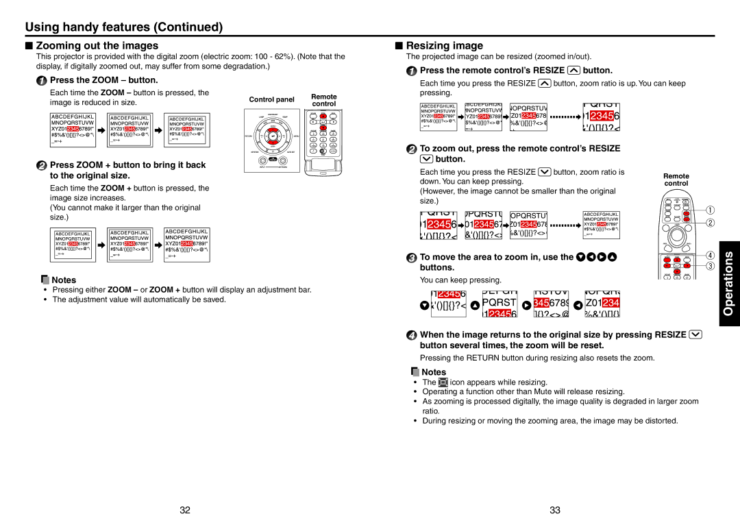 Toshiba TDP-EX20 owner manual Using handy features, Zooming out the images, Resizing image 