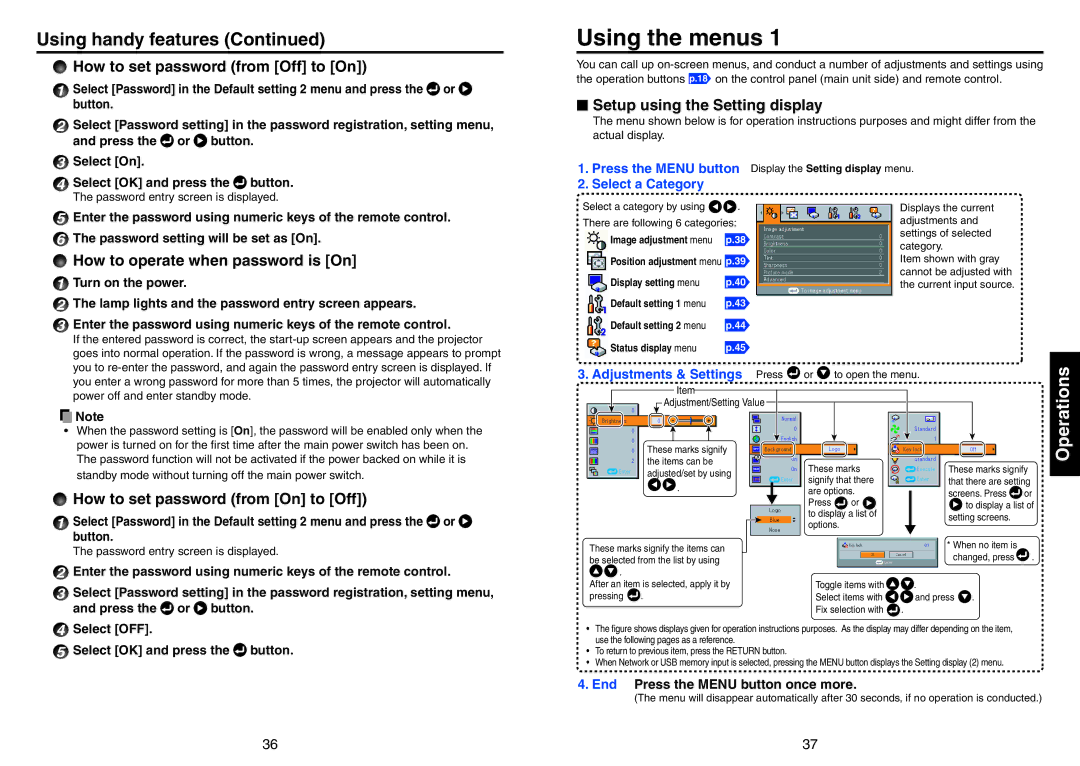 Toshiba TDP-EX20 owner manual Using the menus, How to set password from Off to On, Setup using the Setting display 