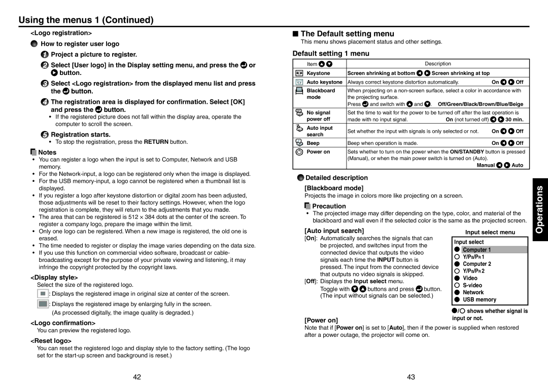 Toshiba TDP-EX20 owner manual Default setting menu 