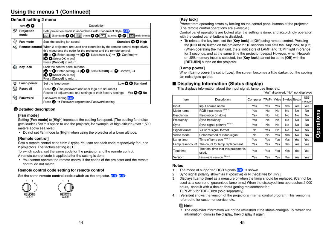 Toshiba TDP-EX20 owner manual Displaying Information Status display, Detailed description Fan mode, Key lock, Lamp power 