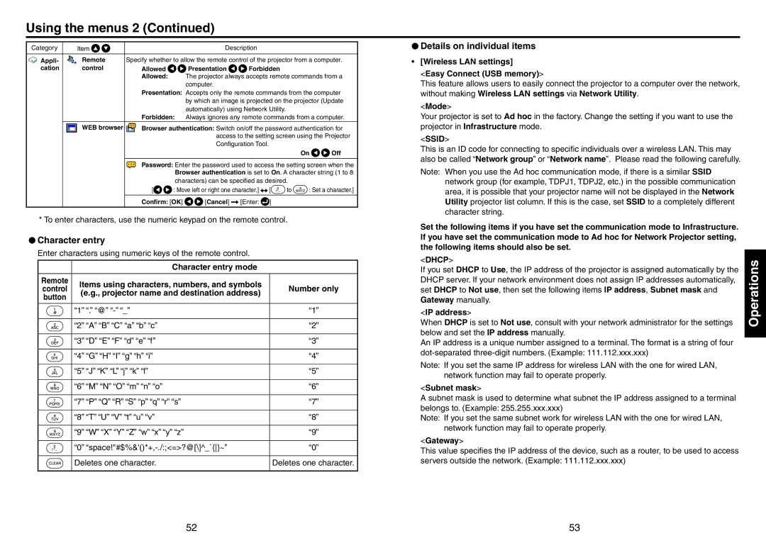 Toshiba TDP-EX20 owner manual Character entry, Details on individual items 