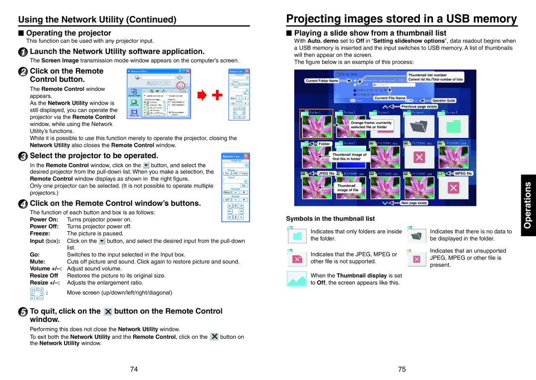 Toshiba TDP-EX20 owner manual Projecting images stored in a USB memory 