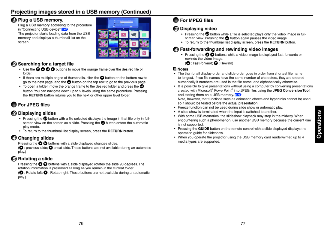 Toshiba TDP-EX20 owner manual Projecting images stored in a USB memory 