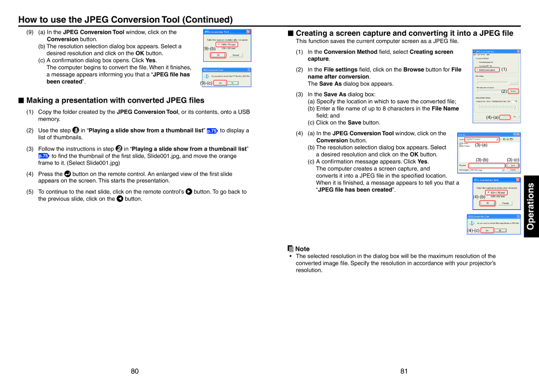 Toshiba TDP-EX20 How to use the Jpeg Conversion Tool, Creating a screen capture and converting it into a Jpeg ﬁle 