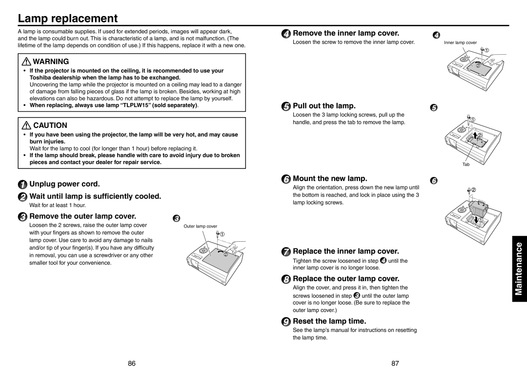 Toshiba TDP-EX20 owner manual Lamp replacement 