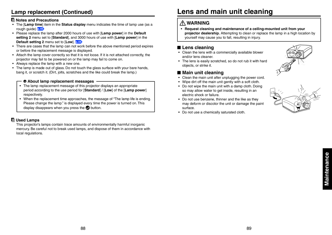 Toshiba TDP-EX20 owner manual Lens and main unit cleaning, Lamp replacement, Lens cleaning, Main unit cleaning 