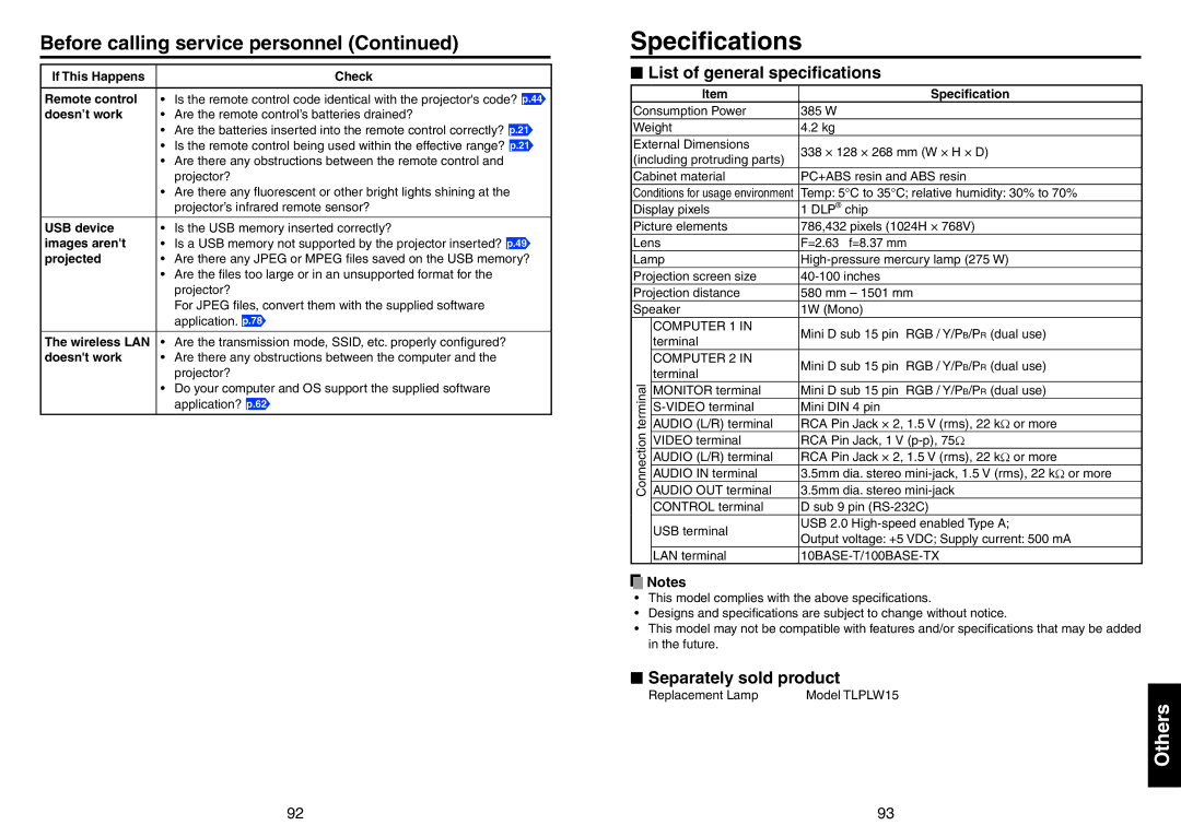 Toshiba TDP-EX20 Speciﬁcations, Before calling service personnel, List of general speciﬁcations, Separately sold product 