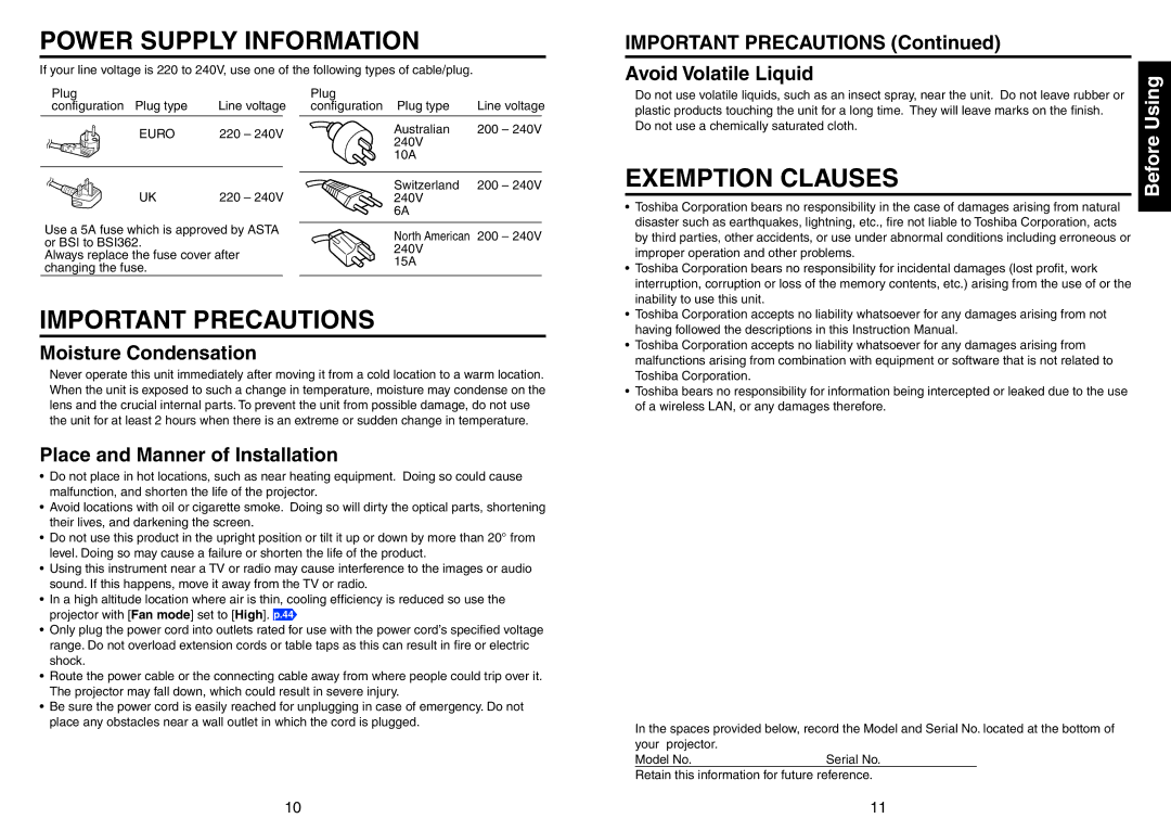 Toshiba TDP-EX20 Important Precautions Avoid Volatile Liquid, Moisture Condensation, Place and Manner of Installation 