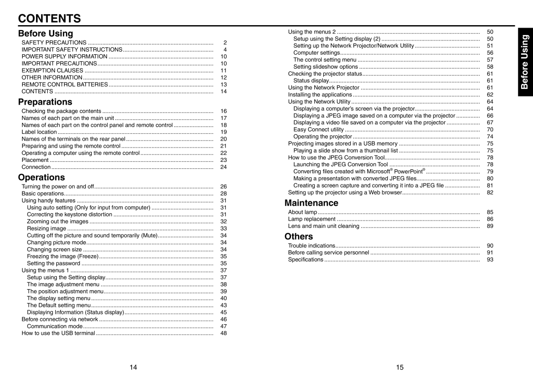 Toshiba TDP-EX20 owner manual Contents 