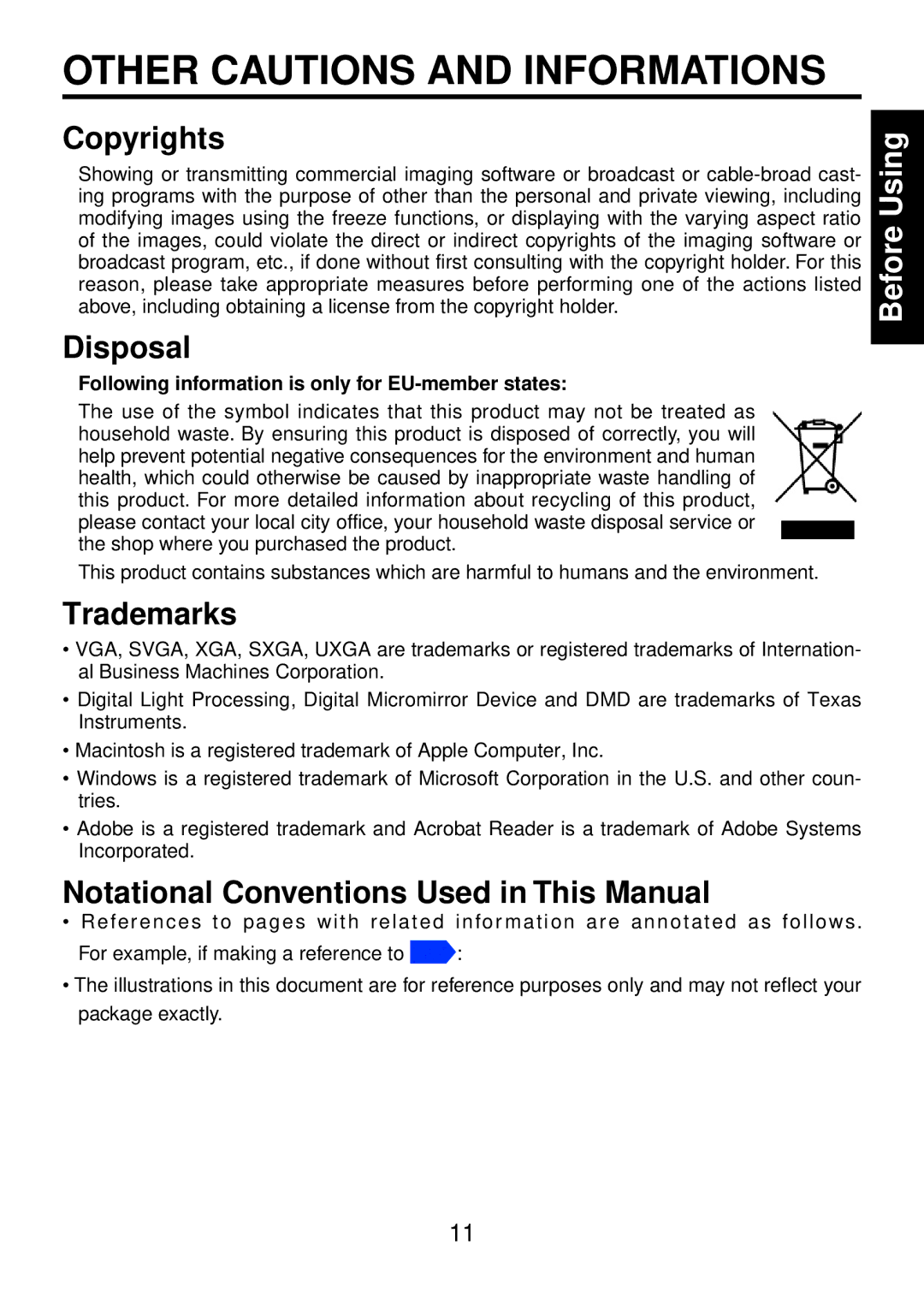 Toshiba TDP-FF1A manual Other Cautions and Informations, Following information is only for EU-member states 