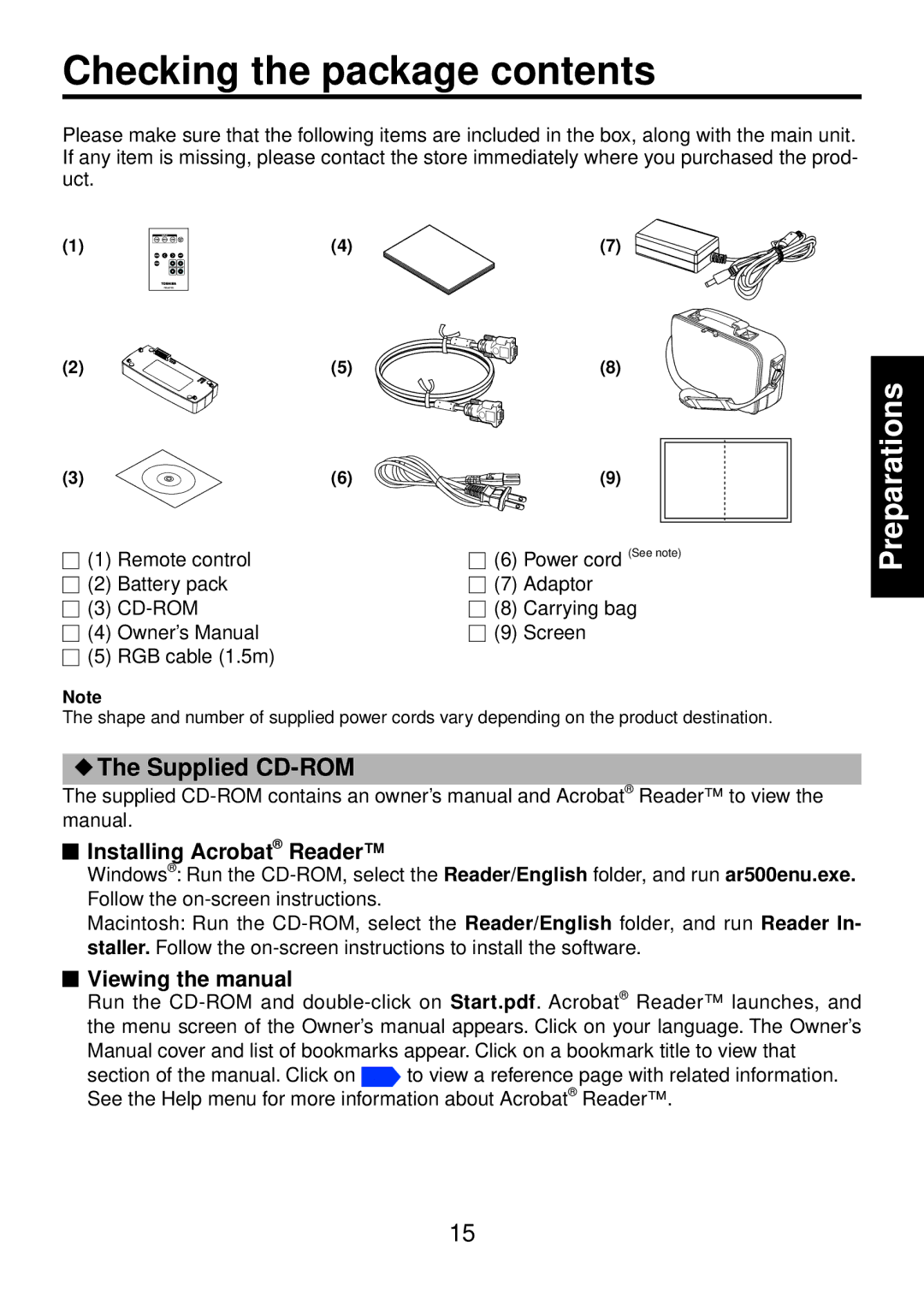 Toshiba TDP-FF1A manual Checking the package contents 