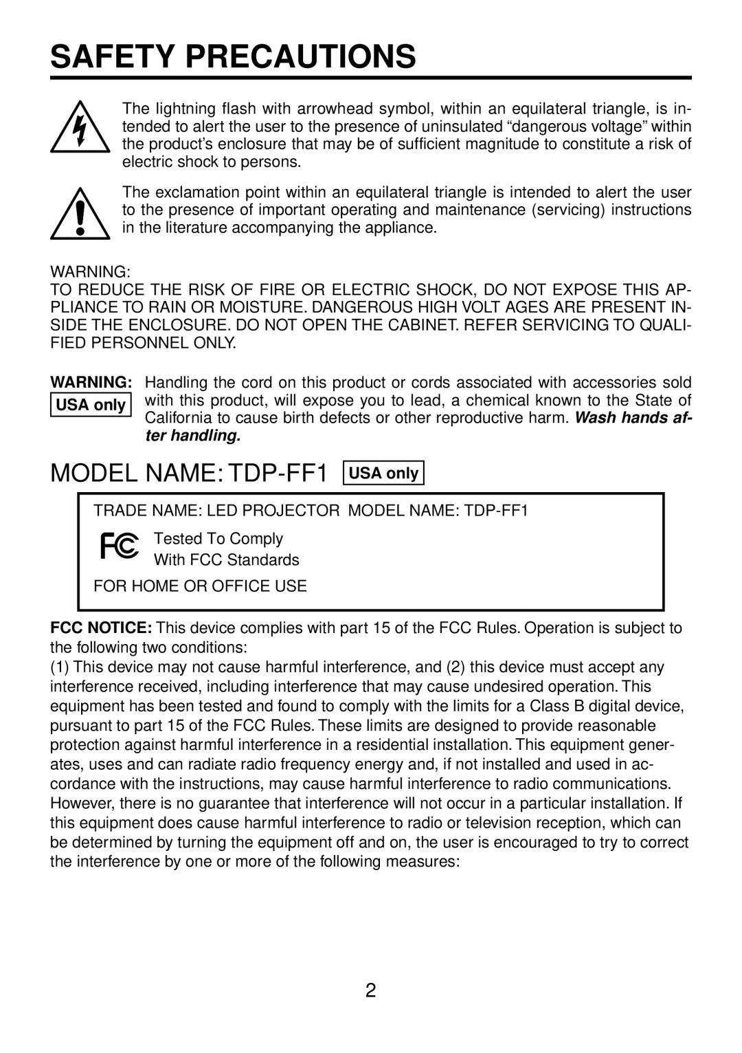 Toshiba TDP-FF1A manual Safety Precautions, USA only 