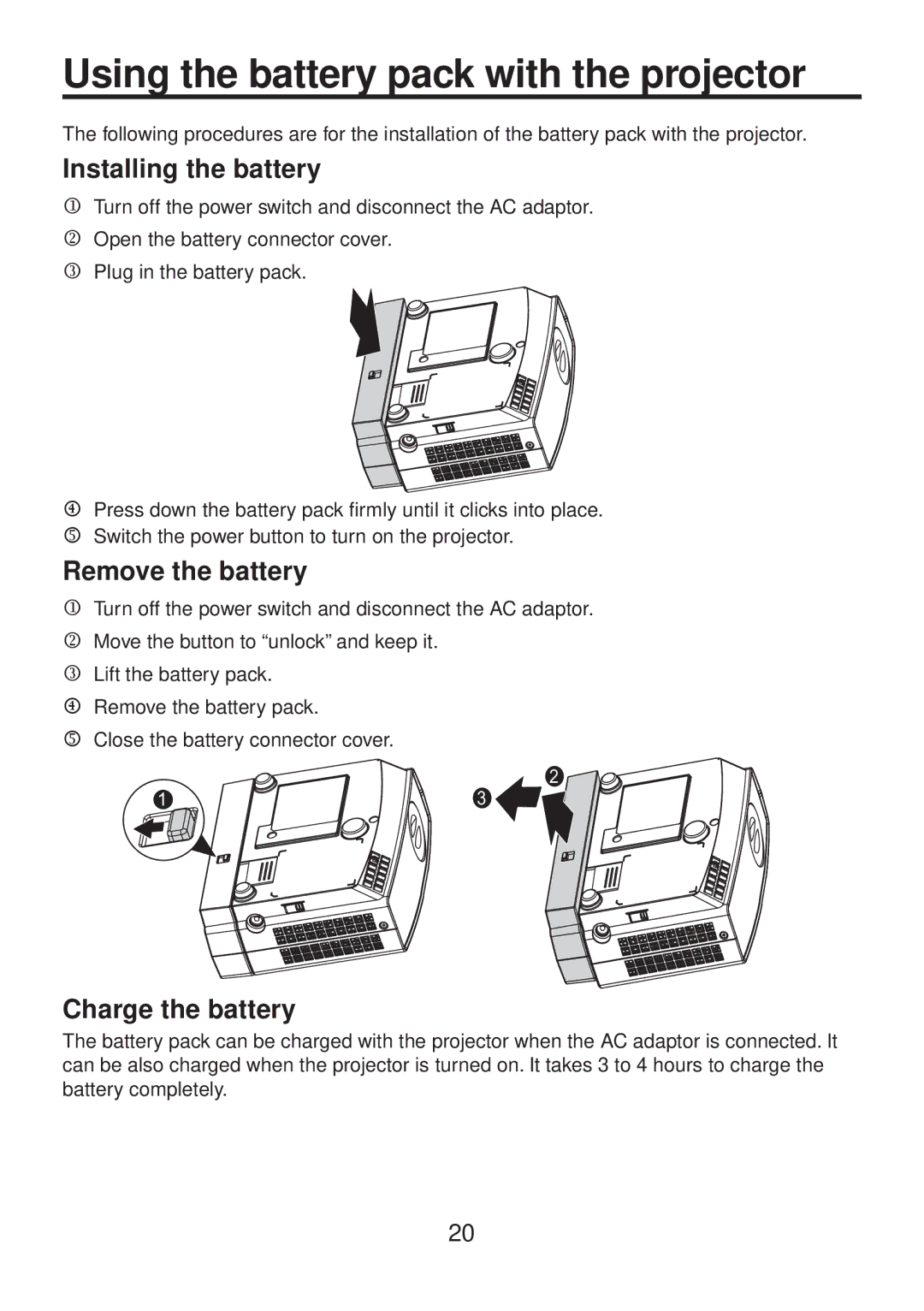 Toshiba TDP-FF1A Using the battery pack with the projector, Installing the battery, Remove the battery, Charge the battery 