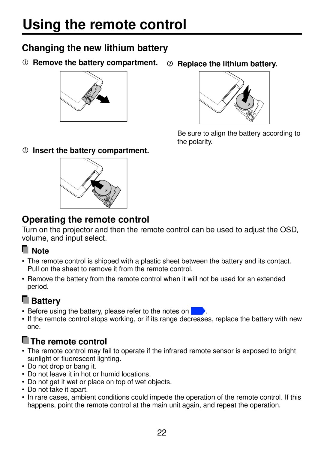 Toshiba TDP-FF1A manual Using the remote control, Changing the new lithium battery, Operating the remote control 