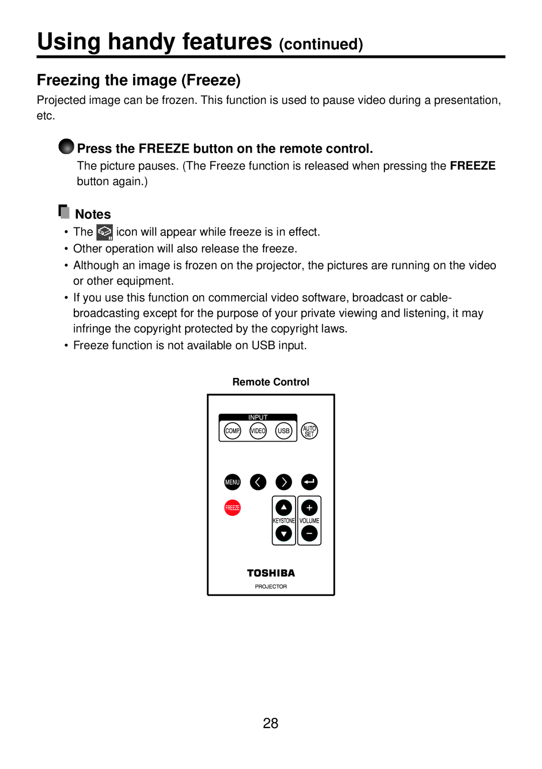 Toshiba TDP-FF1A manual Freezing the image Freeze, Press the Freeze button on the remote control 