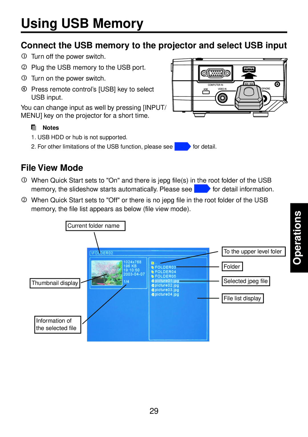 Toshiba TDP-FF1A manual Using USB Memory, File View Mode 