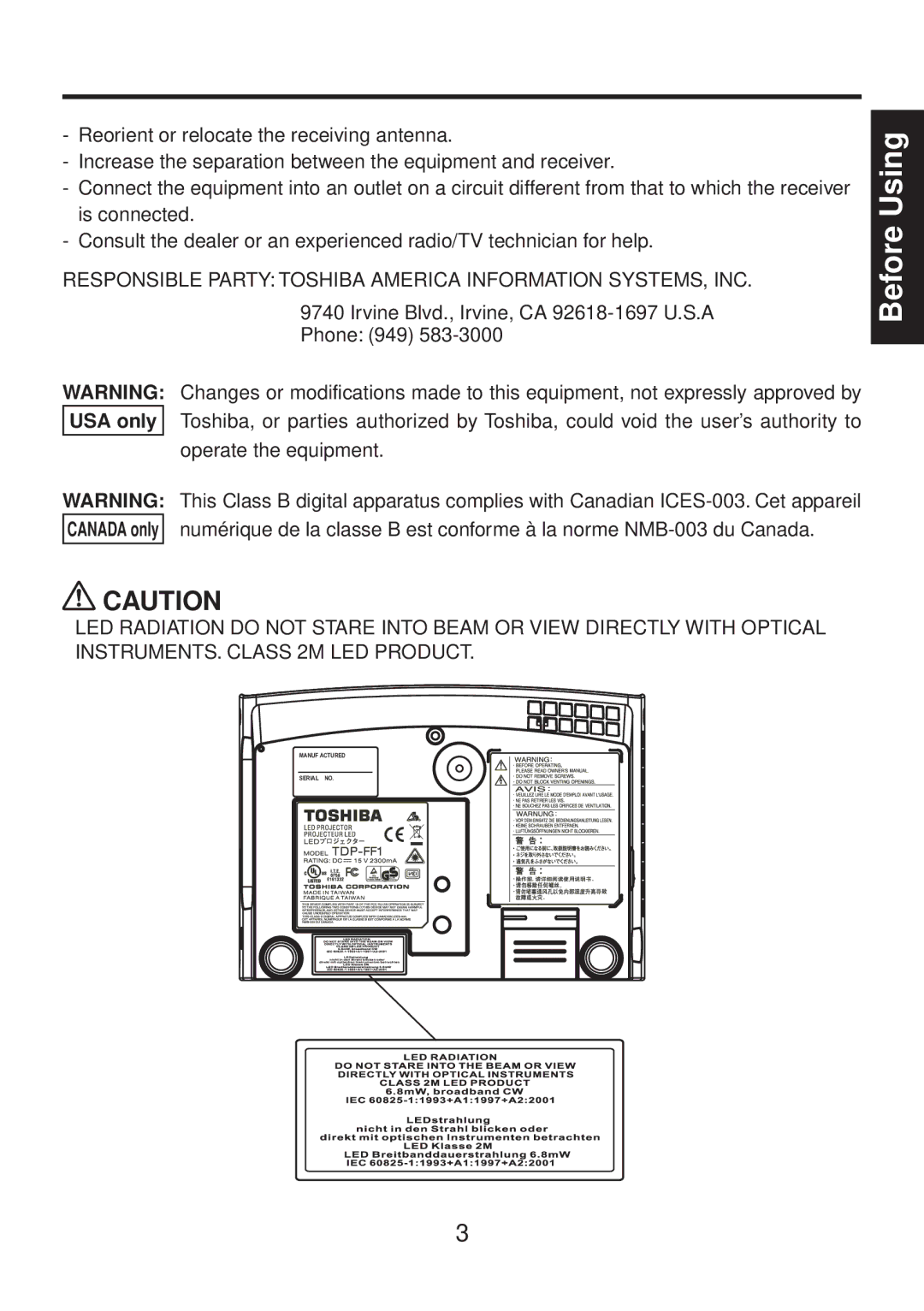 Toshiba TDP-FF1A manual Before Using 