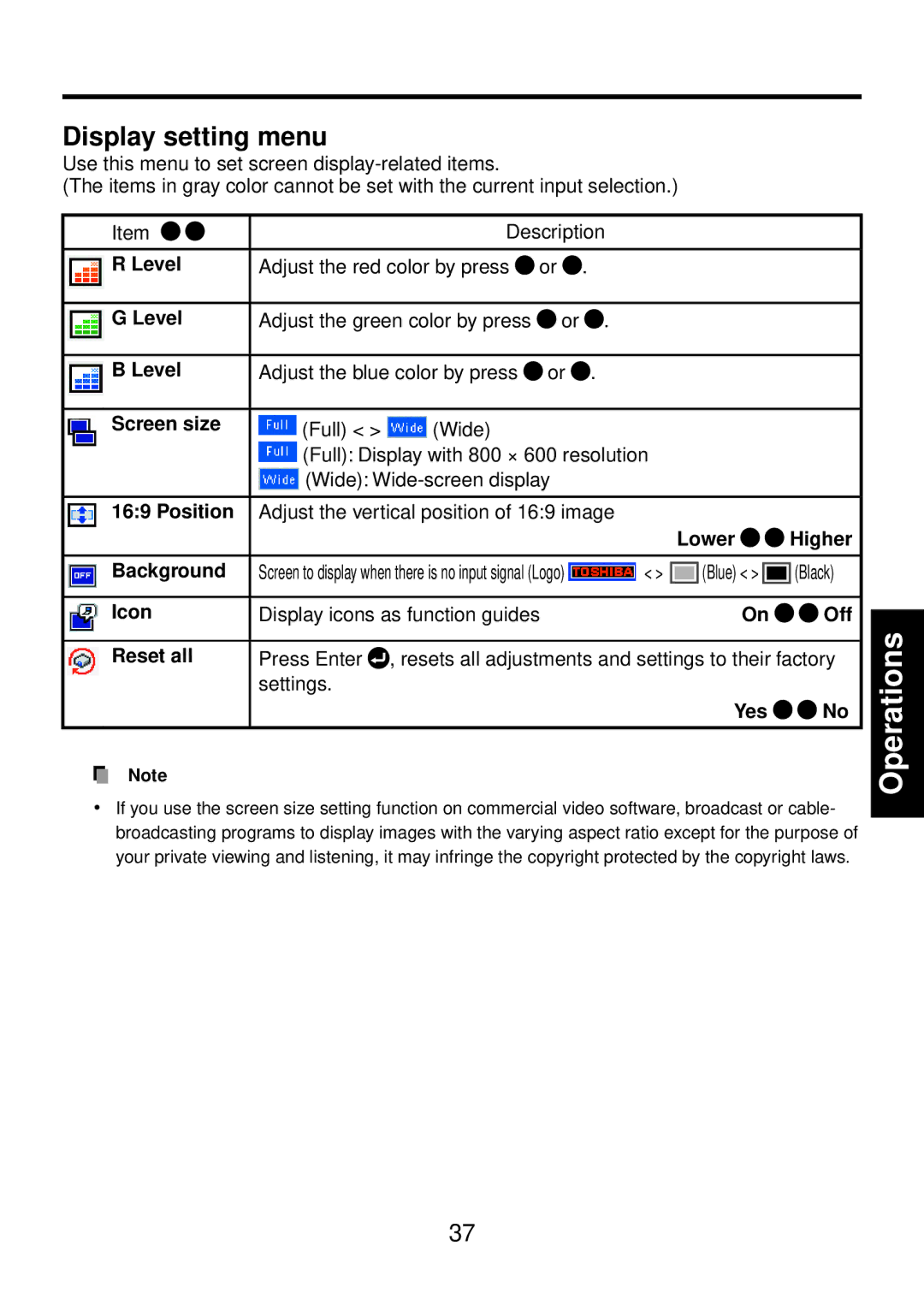 Toshiba TDP-FF1A manual Display setting menu, Level, Screen size, Lower Higher 