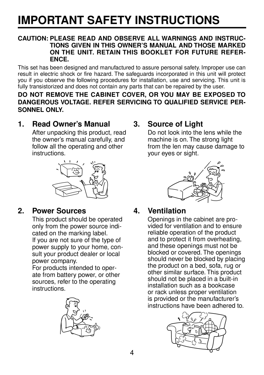 Toshiba TDP-FF1A manual Important Safety Instructions, Source of Light, Power Sources Ventilation 