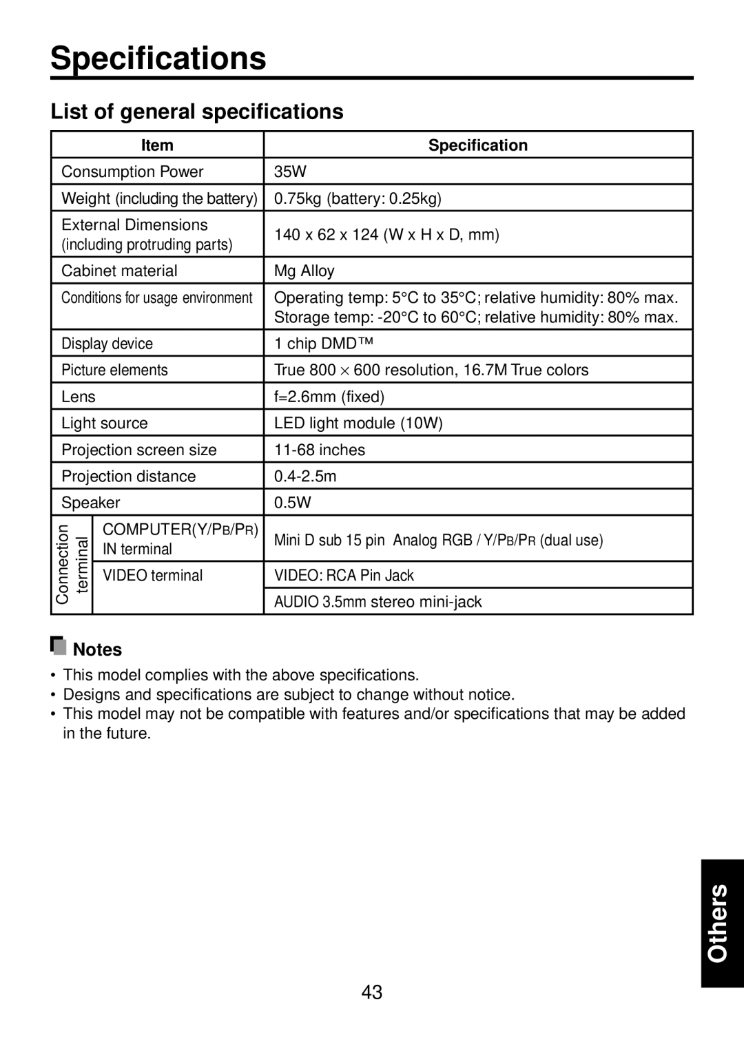 Toshiba TDP-FF1A manual Specifications, List of general specifications 